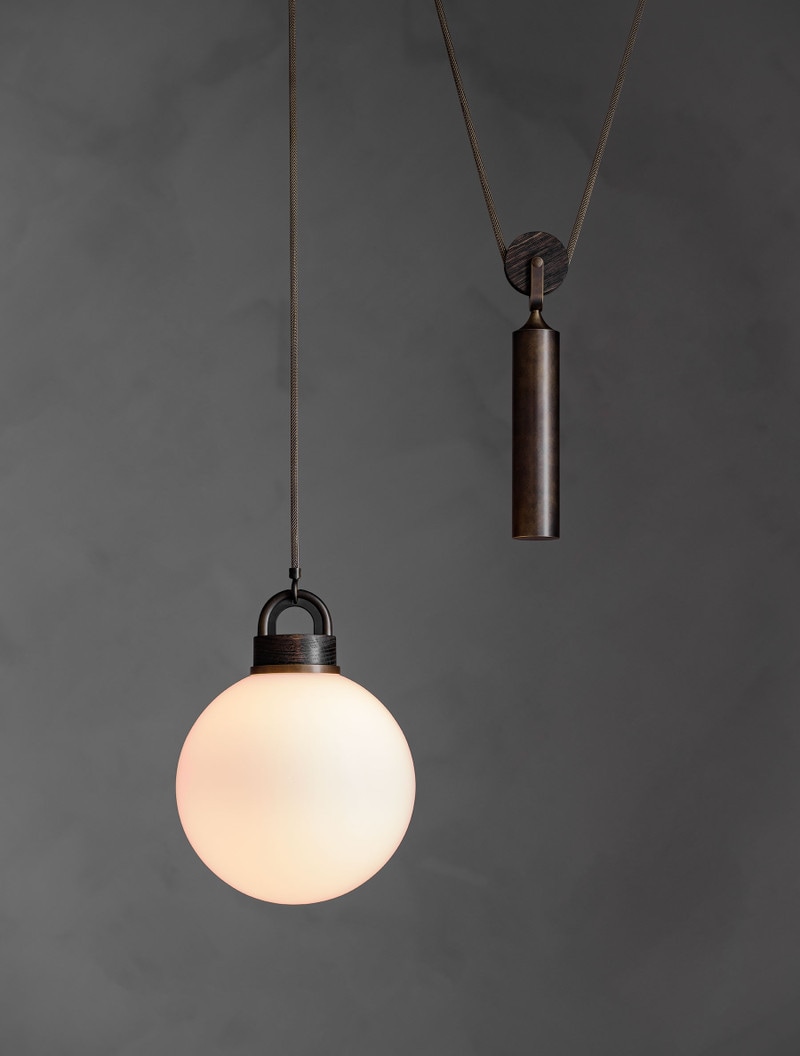 Pulley Pendant in Bronze, Oxidized Oak and Opal globe